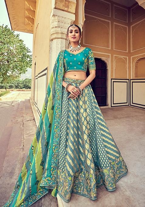 Turquoise Embroidered Silk Lehenga Set