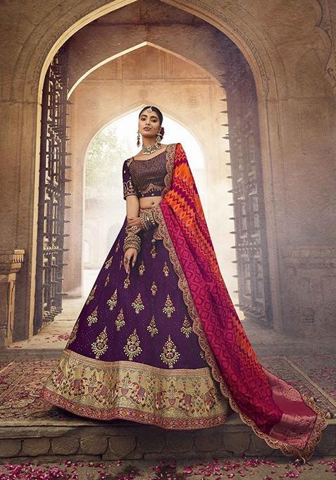 Purple Embroidered Viscose Lehenga Set