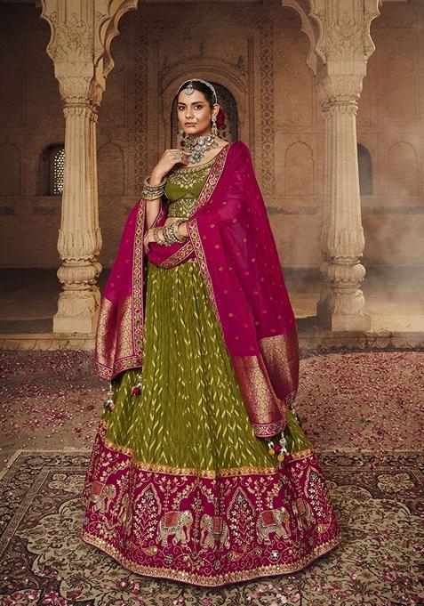 Mehendi Green Embroidered Viscose Lehenga Set