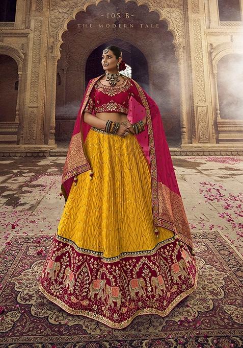 Yellow Embroidered Viscose Lehenga Set