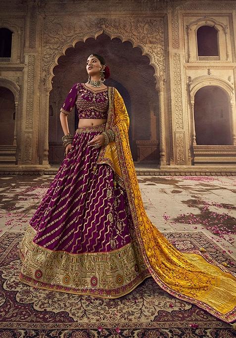 Purple Embroidered Viscose Lehenga Set