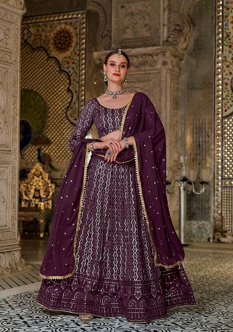 Dark Purple Embroidered Georgette Lehenga Set