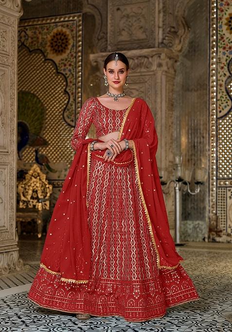 Red Embroidered Georgette Lehenga Set