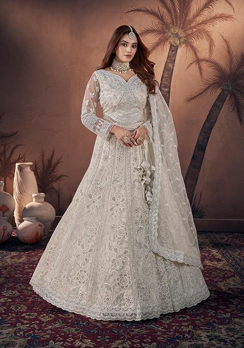 Off White Embroidered Net Lehenga Set