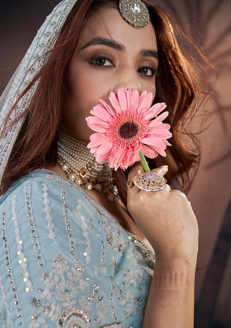 Sky Blue Embroidered Georgette Lehenga Set