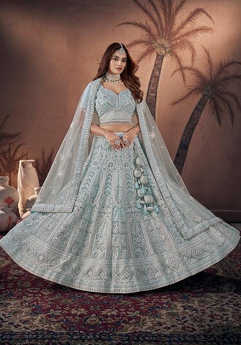 Sky Blue Embroidered Georgette Lehenga Set