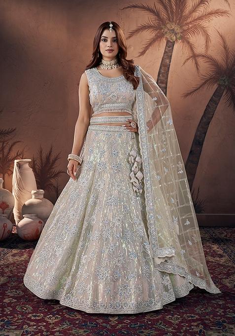 Off White Embroidered Net Lehenga Set