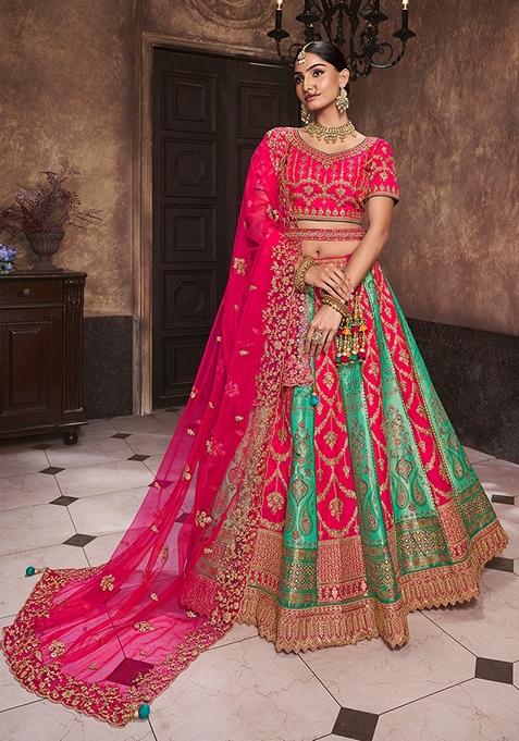 Turquoise Embroidered Silk Lehenga Set