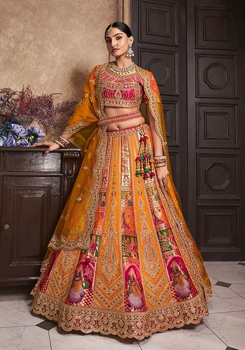 Orange Embroidered Silk Lehenga Set