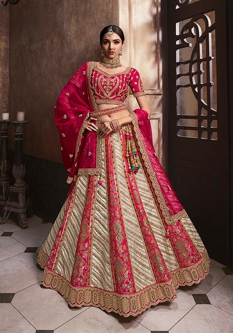 Off White Embroidered Silk Lehenga Set