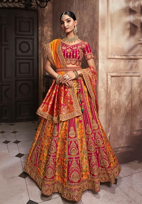 Multicolour Embroidered Silk Lehenga Set