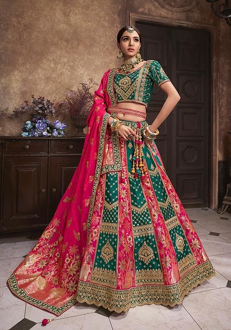 Multicolour Embroidered Silk Lehenga Set