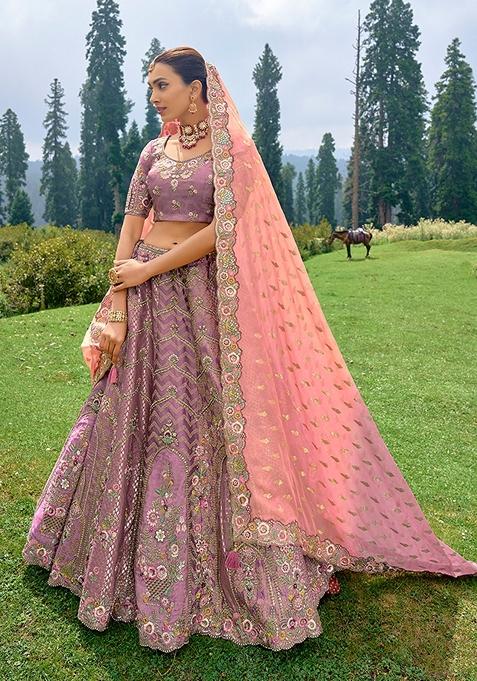 Mustard Embroidered Silk Lehenga Set