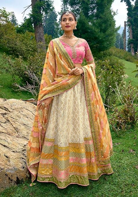 Off White Embroidered Silk Lehenga Set