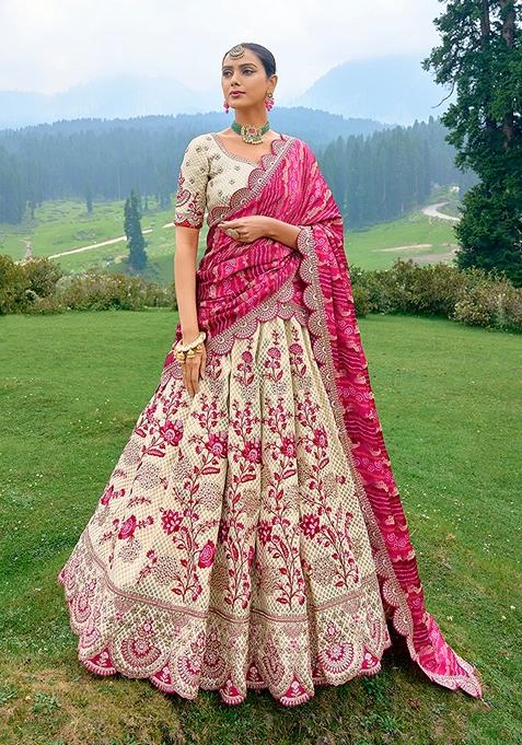 Off White Embroidered Silk Lehenga Set