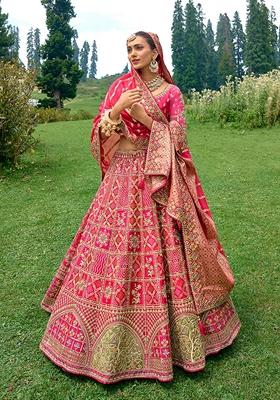 Dark Pink Embroidered Silk Lehenga Set