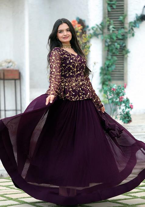 Wine Crush Pleating Faux Blooming Lehenga Set