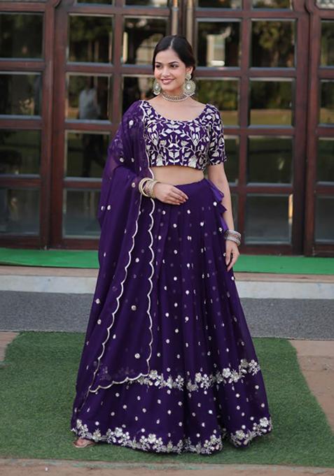 Purple Sequin Embroidered Faux Blooming Georgette Lehenga Set