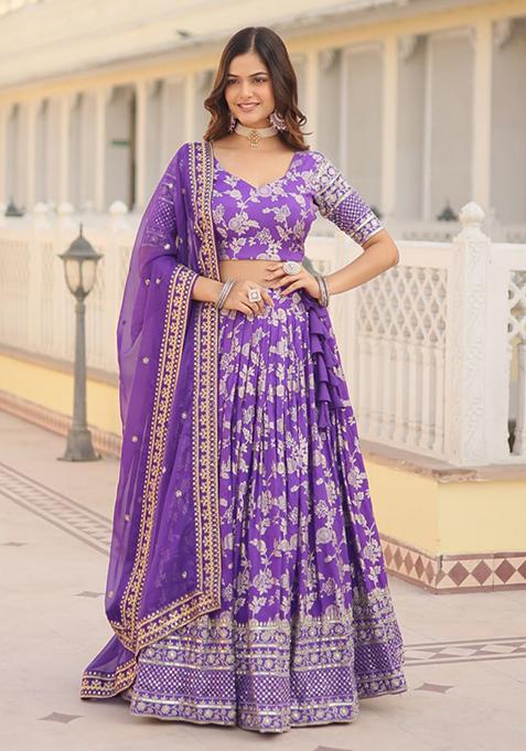 Purple Sequin Embroidered Pure Dyeable Viscose Jacquard Lehenga Set