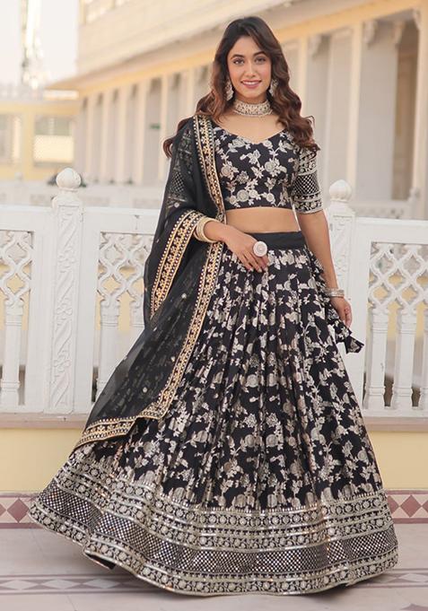 Black Sequin Embroidered Pure Dyeable Viscose Jacquard Lehenga Set