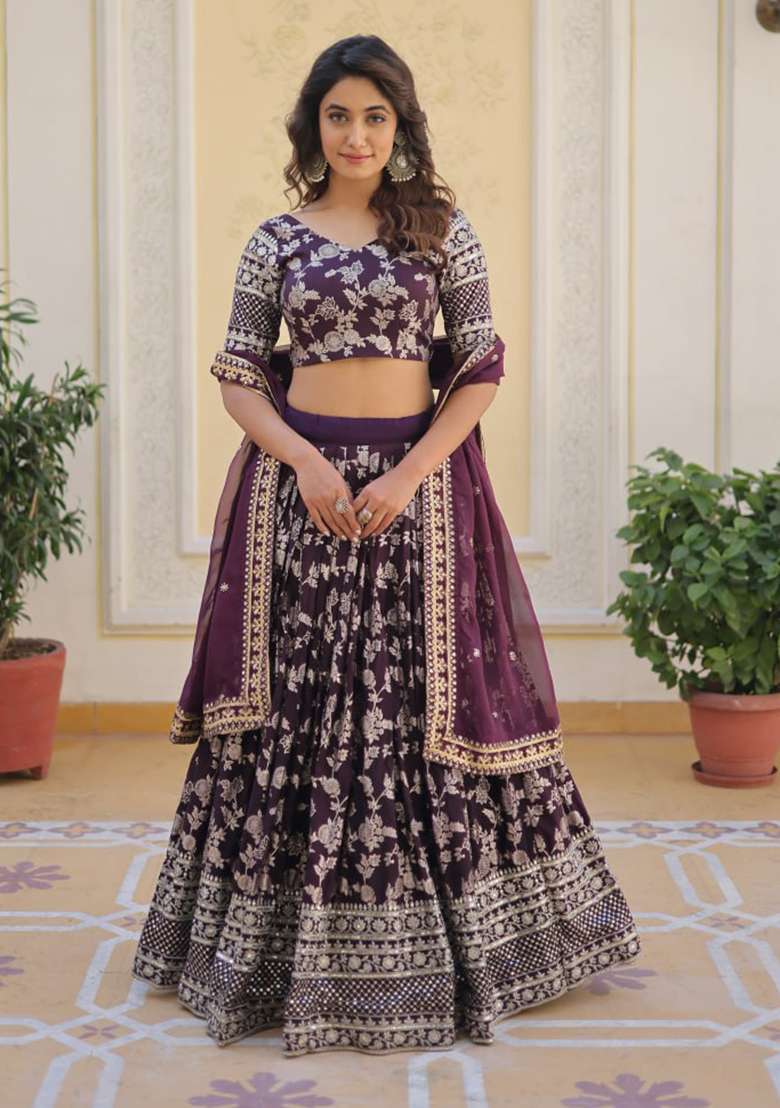 Wine Sequin Embroidered Pure Dyeable Viscose Jacquard Lehenga Set for Diwali and Festive Wear - Indya