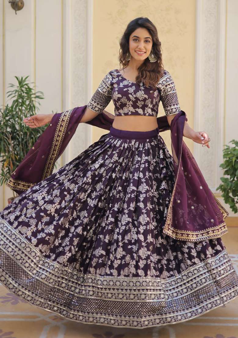 Wine Sequin Embroidered Pure Dyeable Viscose Jacquard Lehenga Set for Diwali and Festive Wear - Indya
