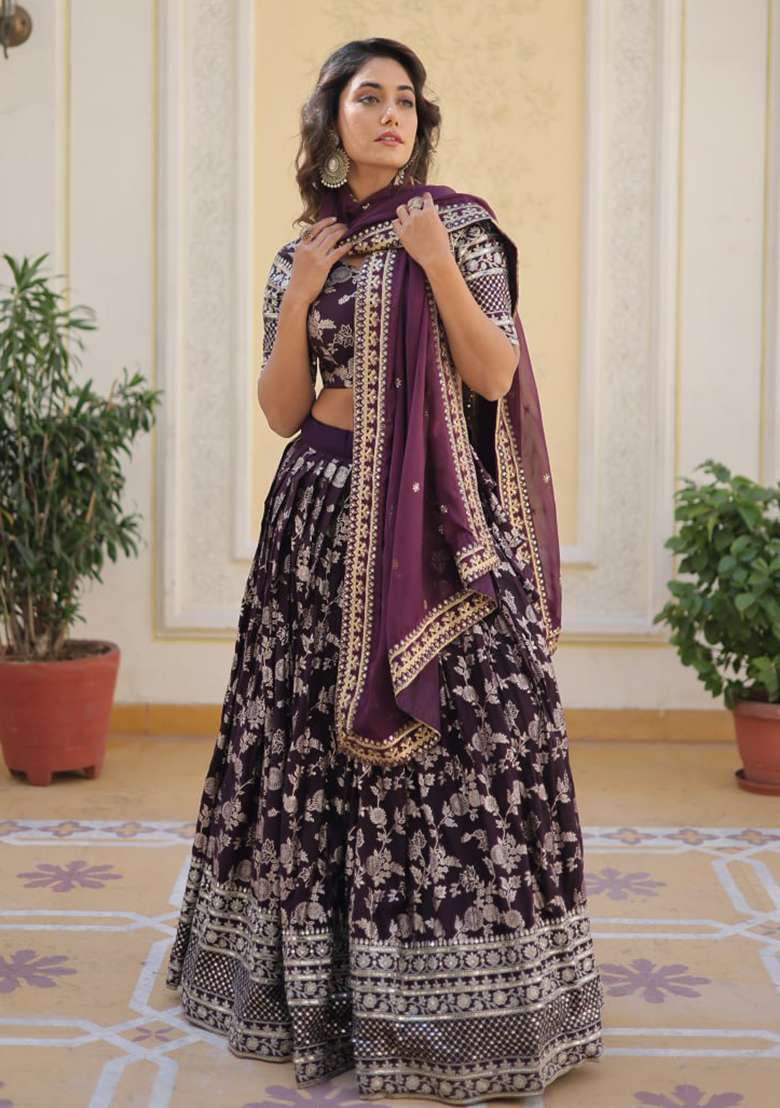 Wine Sequin Embroidered Pure Dyeable Viscose Jacquard Lehenga Set for Diwali and Festive Wear - Indya