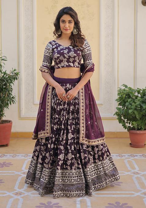 Wine Sequin Embroidered Pure Dyeable Viscose Jacquard Lehenga Set