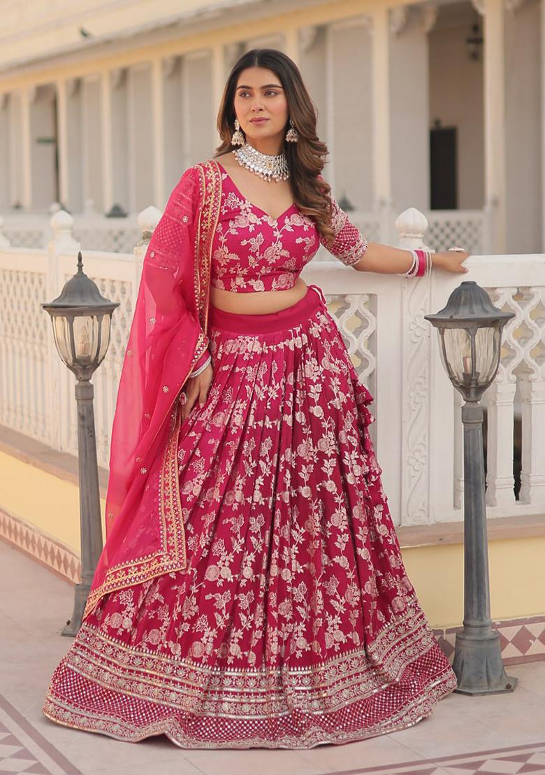 Pink Sequin Embroidered Pure Dyeable Viscose Jacquard Lehenga Set