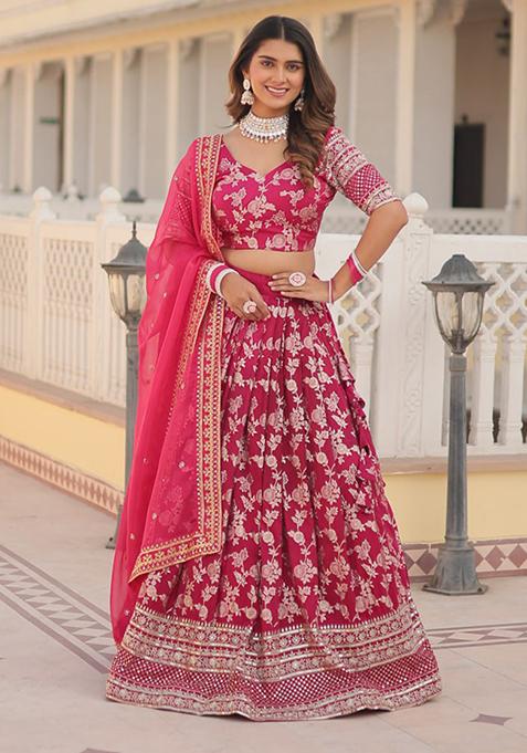 Pink Sequin Embroidered Pure Dyeable Viscose Jacquard Lehenga Set