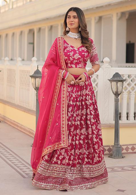 Pink Sequin Embroidered Pure Dyeable Viscose Jacquard Lehenga Set