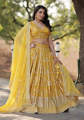 Yellow Sequin Embroidered Pure Dyeable Viscose Jacquard Lehenga Set