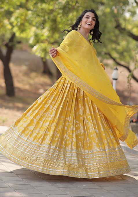 Yellow Sequin Embroidered Pure Dyeable Viscose Jacquard Lehenga Set