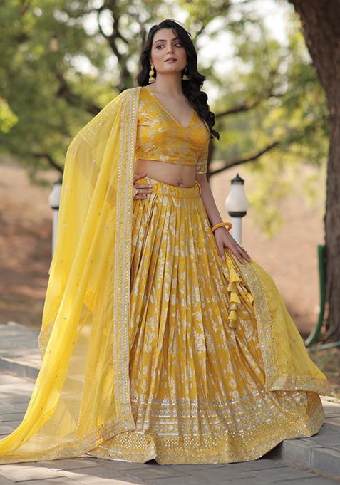 Yellow Sequin Embroidered Pure Dyeable Viscose Jacquard Lehenga Set