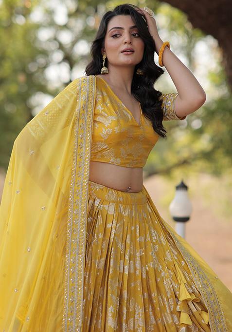 Yellow Sequin Embroidered Pure Dyeable Viscose Jacquard Lehenga Set