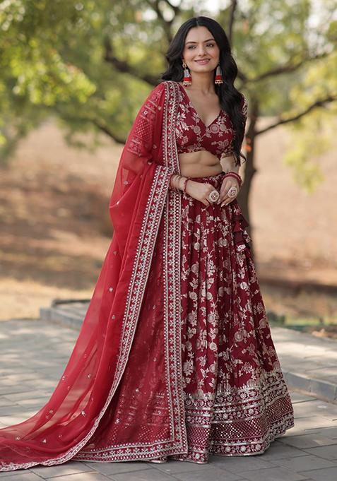 Maroon Sequin Embroidered Pure Dyeable Viscose Jacquard Lehenga Set