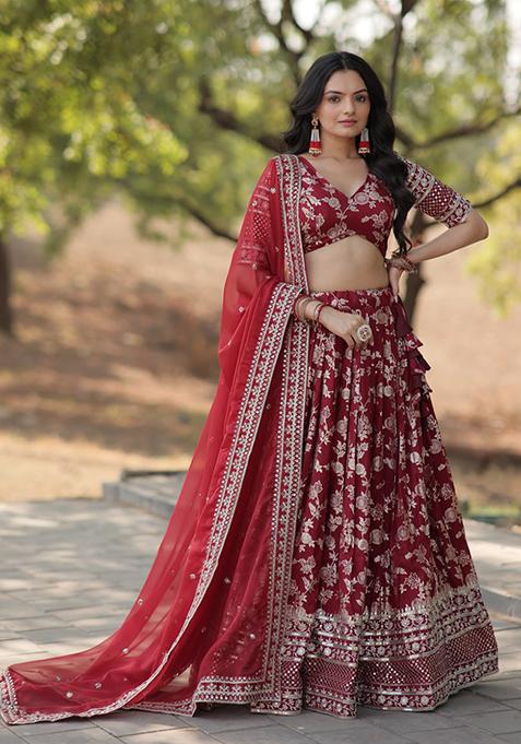 Maroon Sequin Embroidered Pure Dyeable Viscose Jacquard Lehenga Set