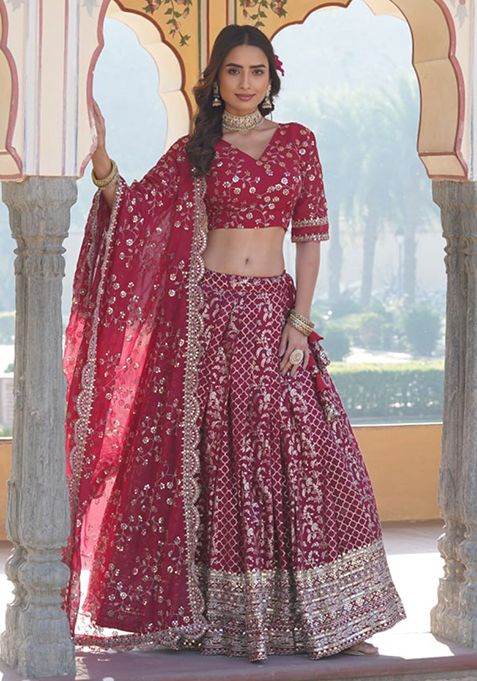 Rani Sequin Embroidered Pure Viscose Jacquard Lehenga Set