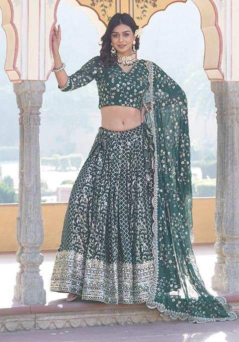 Green Sequin Embroidered Pure Viscose Jacquard Lehenga Set