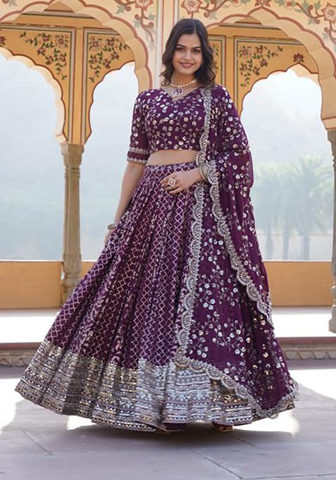 Wine Sequin Embroidered Pure Viscose Jacquard Lehenga Set