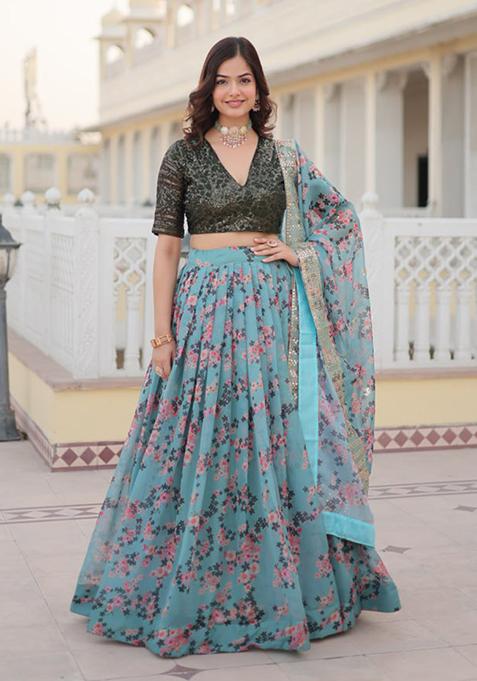 Sky Digital Print Russian Silk Lehenga Set