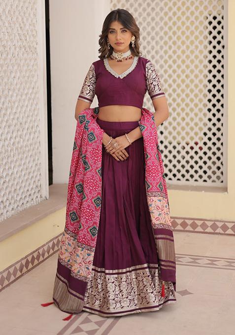 Wine Solid Viscose Jacquard Lehenga Set