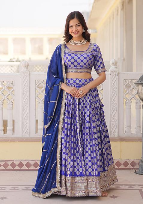 Blue Sequin Embroidered Pure Dyeable Viscose Jacquard Lehenga Set