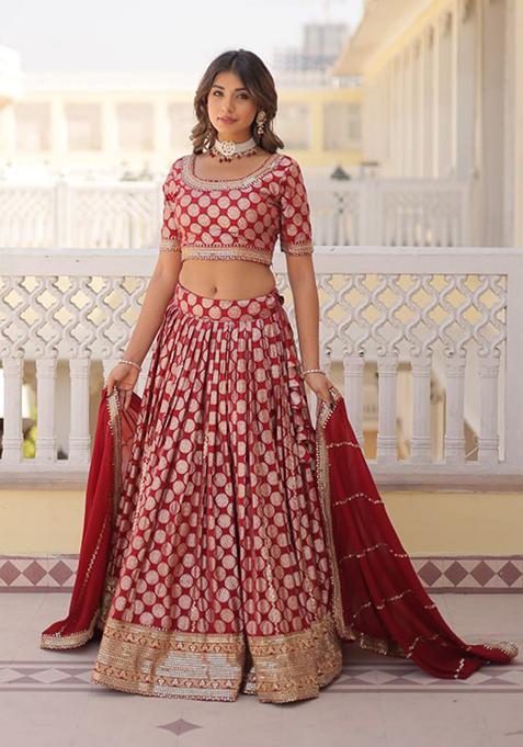 Red Sequin Embroidered Pure Dyeable Viscose Jacquard Lehenga Set