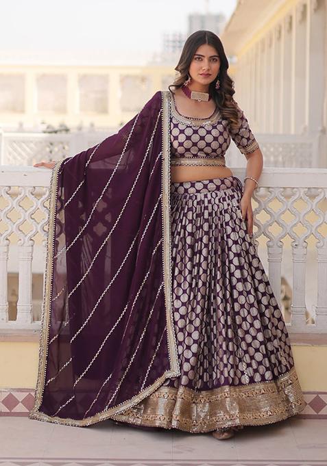 Wine Sequin Embroidered Pure Dyeable Viscose Jacquard Lehenga Set