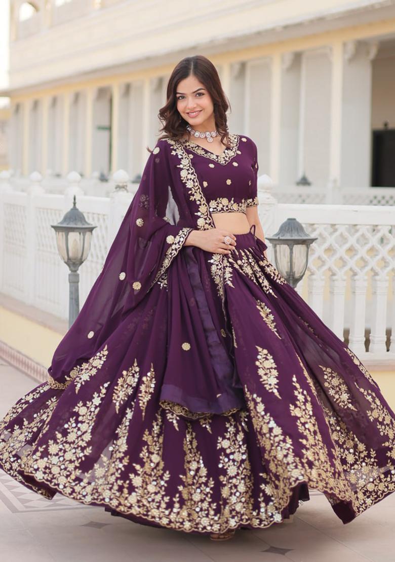 Wine Thread Sequin Embroidered Faux Blooming Georgette Lehenga Set