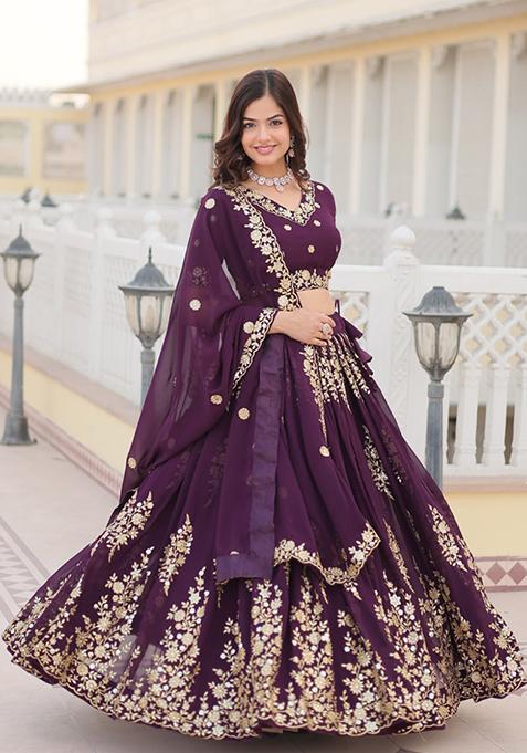 Wine Thread Sequin Embroidered Faux Blooming Georgette Lehenga Set