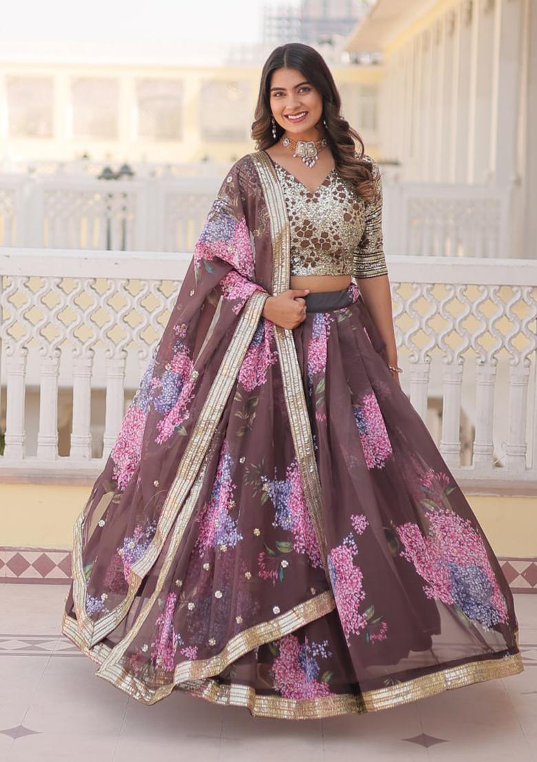 Coffee Sequin Embroidered Digital Print Russian Silk Lehenga Set