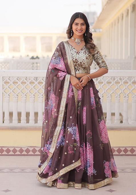 Coffee Sequin Embroidered Digital Print Russian Silk Lehenga Set