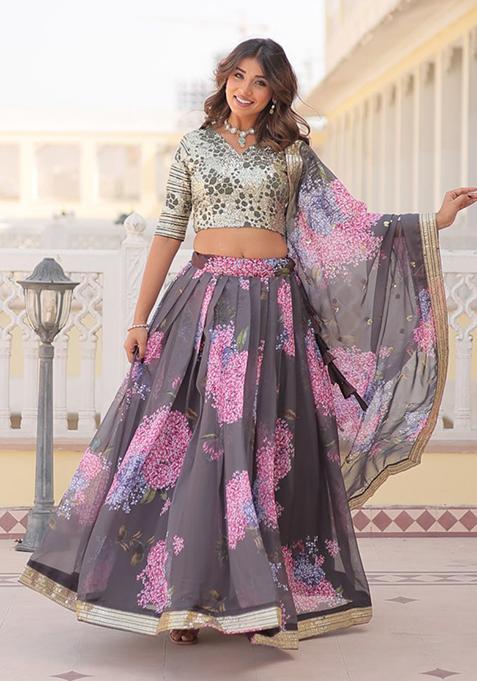 Grey Sequin Embroidered Digital Print Russian Silk Lehenga Set